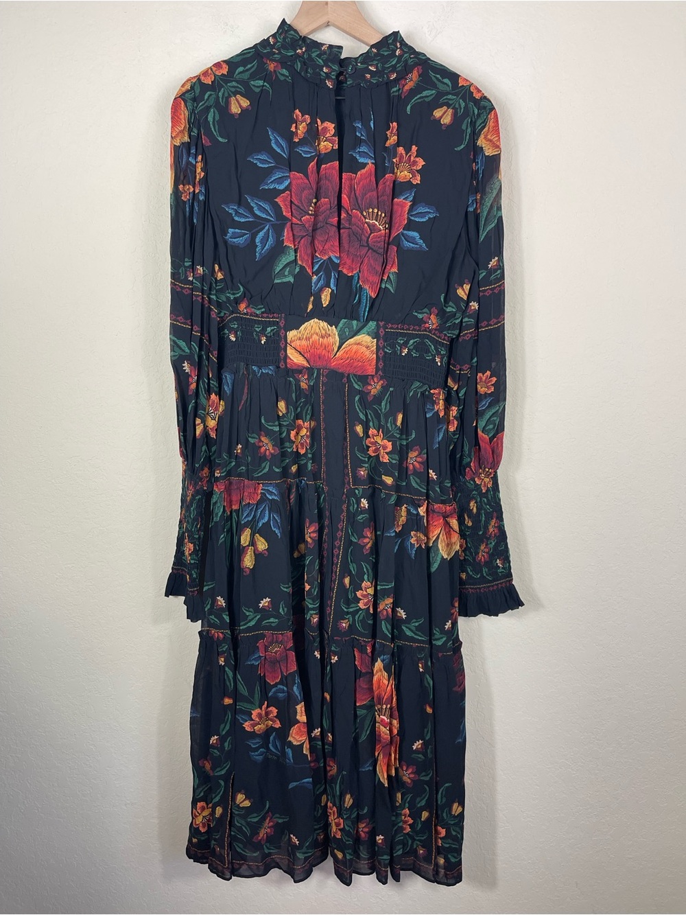 Farm Rio Macaws Garden Floral Long Sleeve Midi Dress Size Medium - Picture 7 of 9